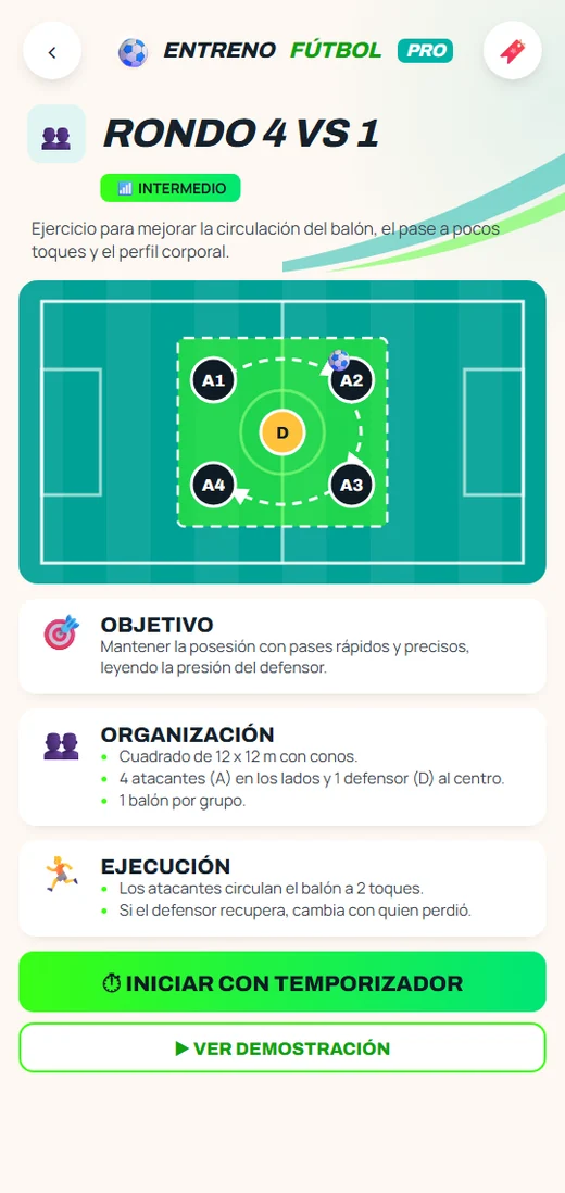 Pantalla de detalle de un entrenamiento con diagrama táctico