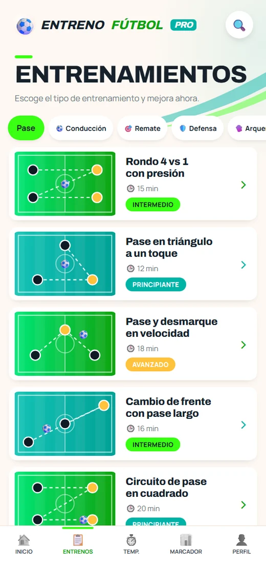Pantalla con la lista de entrenamientos de la app