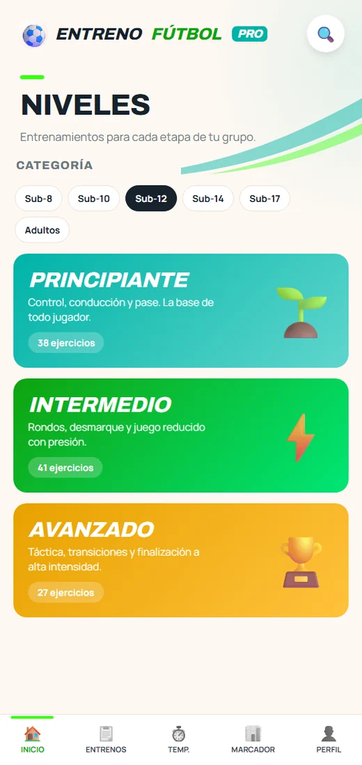Pantalla de entrenamientos por nivel