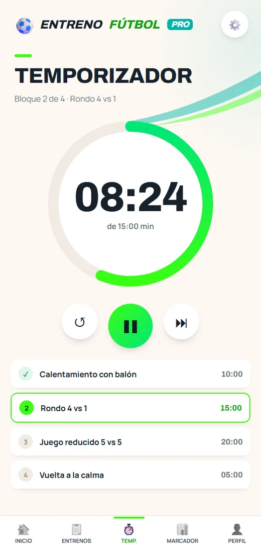 Pantalla del temporizador de entrenamiento en marcha
